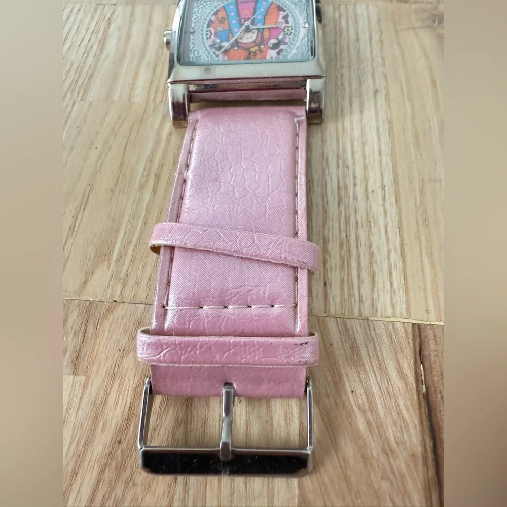 Unbranded ladies rectangular silver tone Christian angels pink watch NEW BATTERY